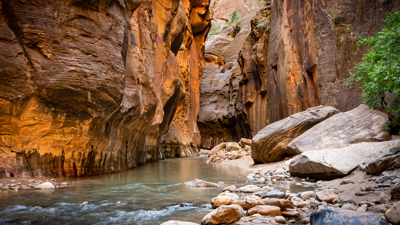 US zion national park river rocky walls